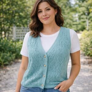 JDY Vintage Y2K SZ S Cable Knit Button Front Vest Green Diamond Gold Buttons